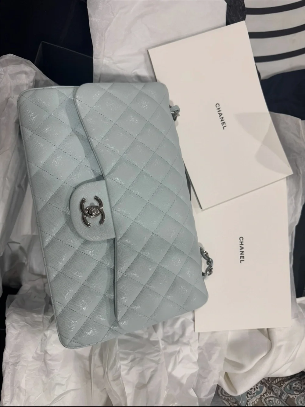 CHANEL Light Blue Quilted Double Flap Shoulder Bag